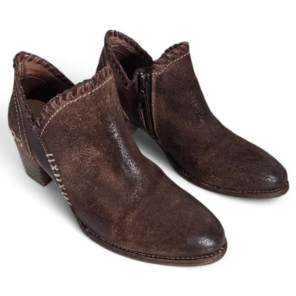 Bed Stu Carla Distressed Leather Ankle Boots Stacked Heel Whipstich Size 7 Teak